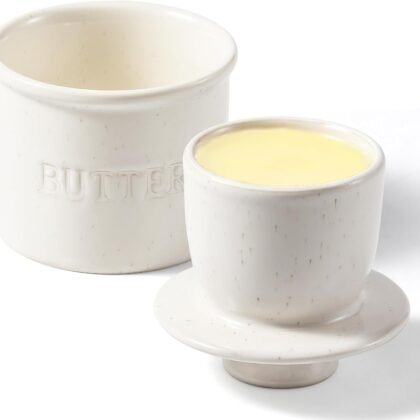 Butter Crock with Lid for Countertop - Ceramic French Butter Dish for Spreadable Soft Butter, Butter Container Holder with a Water Seal, Housewarming Gift, Kitchen and Home Decor, Speckled White