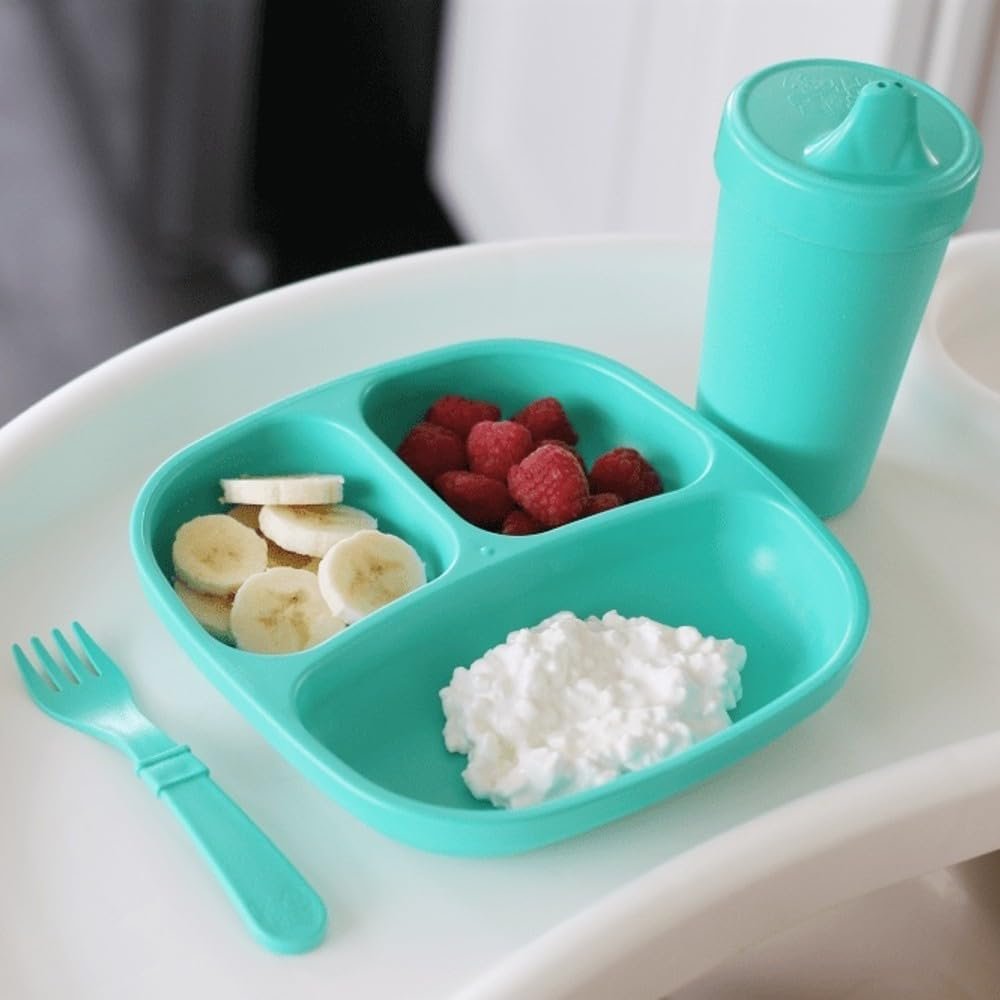 Re-Play Toddler Dinnerware Set - Spill-Proof Sippy Cup, 7" Divided Plate, Fork & Spoon - Durable Recycled Dining Set for Kids - Dishwasher & Microwave Safe - Made in USA - Aqua - Image 3