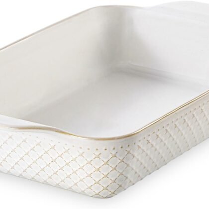 DOWAN 9x13 Deep Lasagna Baking Dish, Ceramic Casserole Dish for Oven, 4 Quarts Embossed Baking Pan with Handles, Oven Safe Bakeware for Roasting, Desserts, Durable & Giftable, Arctic White