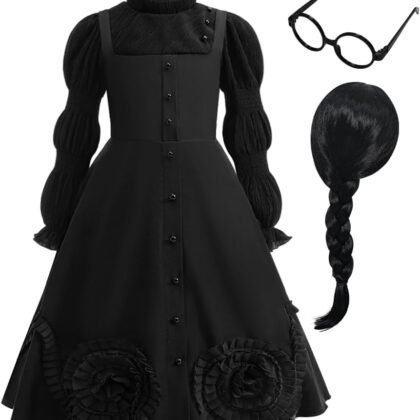 Witch Costume for Girl, Kids Halloween Witch Costume Dress with Wig and Glasses,Birthday Party Cosplay Dress Up Outfit