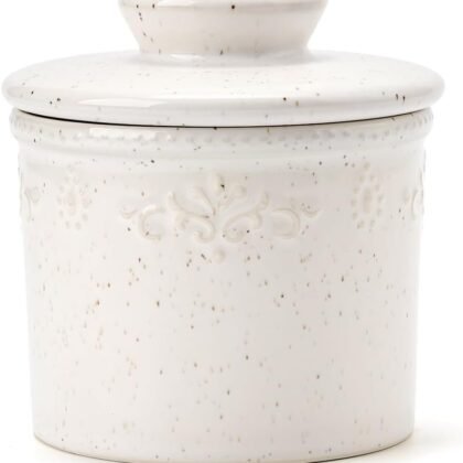 XELA Ceramic Butter Dish - French Butter Crock With Water Line - Keeps Your Butter Fresh and Spreadable - Speckled White