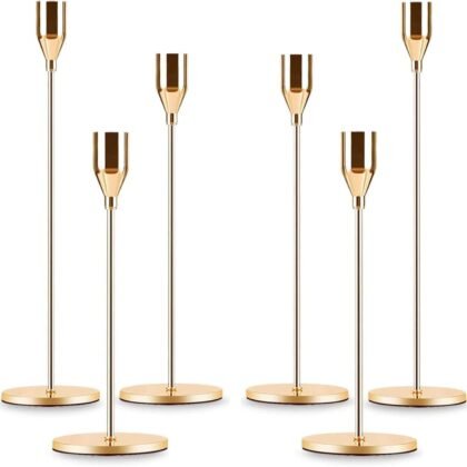 Gold Taper Candle Holder Set of 6, Brass Gold Tall Candlestick Holders, Metal Vintage Candle Stickers Long Holder Set, Pillar Decorative Candle Holder Fits 3/4 Inch Candle