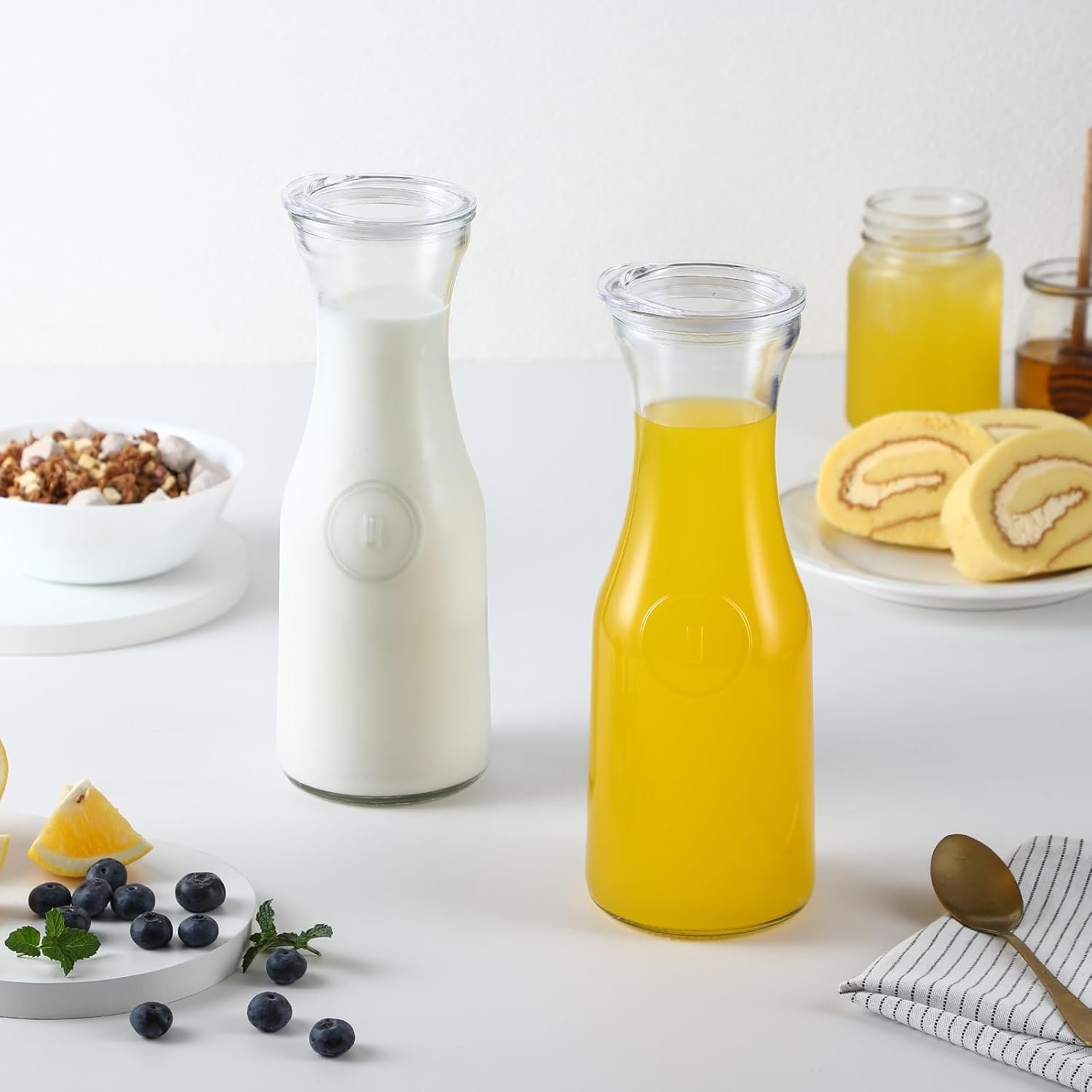 Set of 6 Glass Carafe with Lid, 1 Liter Beverage Serveware Carafe, Clear Glass Pitcher for Mimosa Bar, Brunch, Cold Water, Juice, Milk, Iced Tea, Lemonade - Image 6