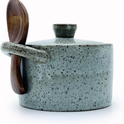 8 oz Ceramic Salt Cellar with Lid & Wooden Spoon,Countertop Salt Container,Sugar Bowl,Spices Jar| Artisan Kitchen Decor(Gray)