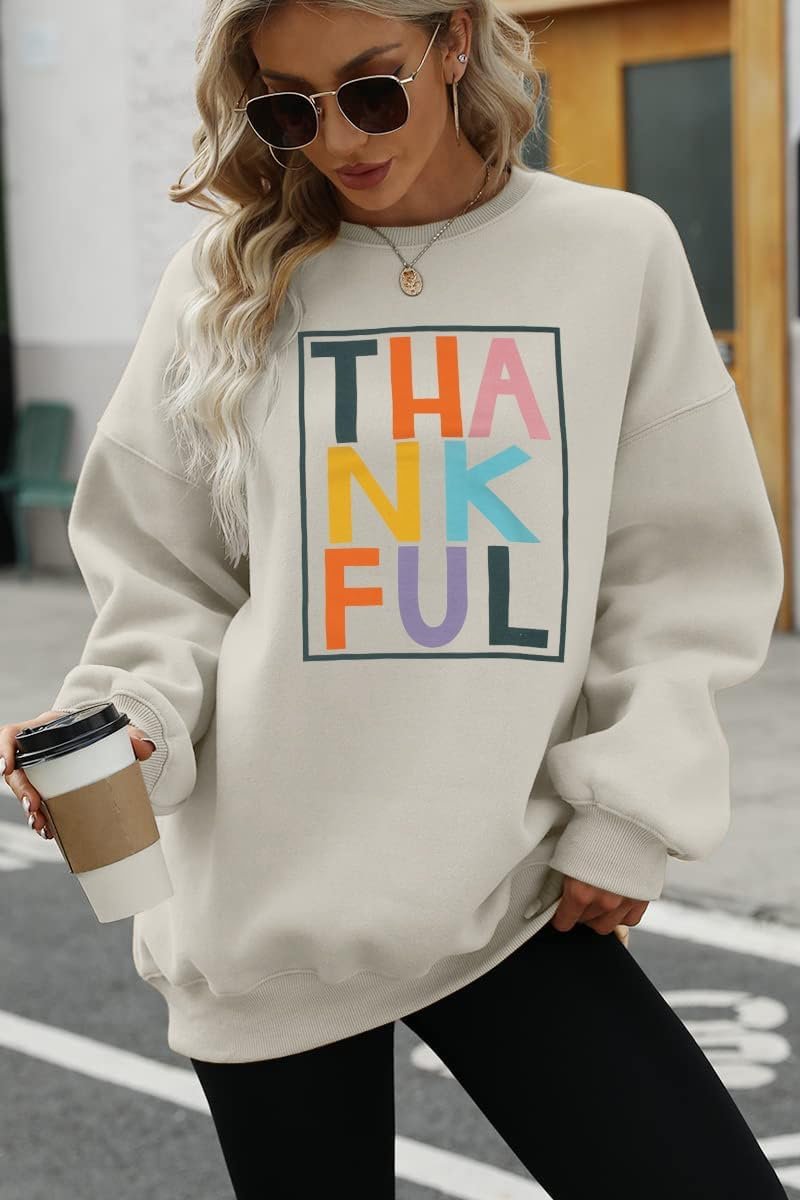 VILOVE Thankful Sweatshirt Women Thanksgiving Day Colorful Letter Print Pullover Crewneck Long Sleeve Oversized Tops - Image 3