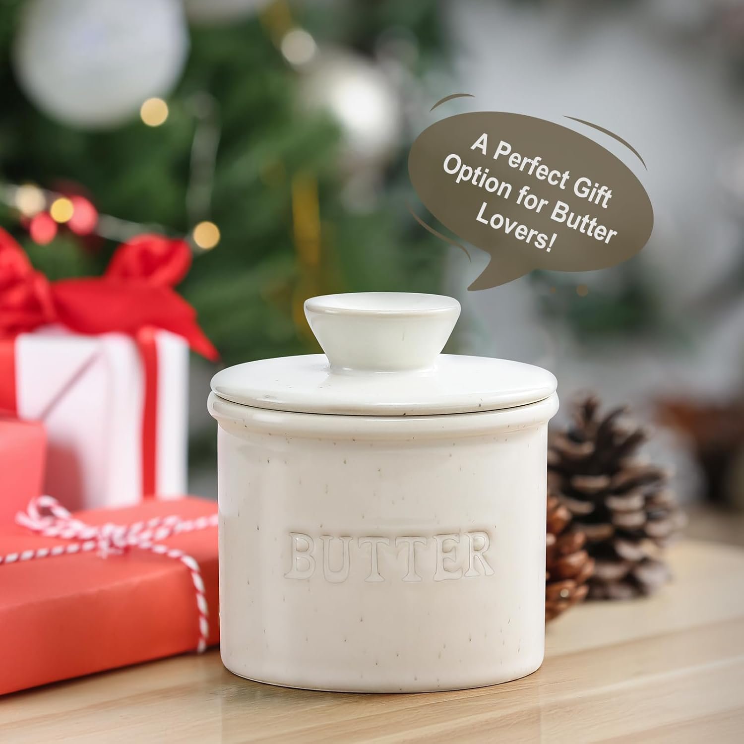 Butter Crock with Lid for Countertop - Ceramic French Butter Dish for Spreadable Soft Butter, Butter Container Holder with a Water Seal, Housewarming Gift, Kitchen and Home Decor, Speckled White - Image 6