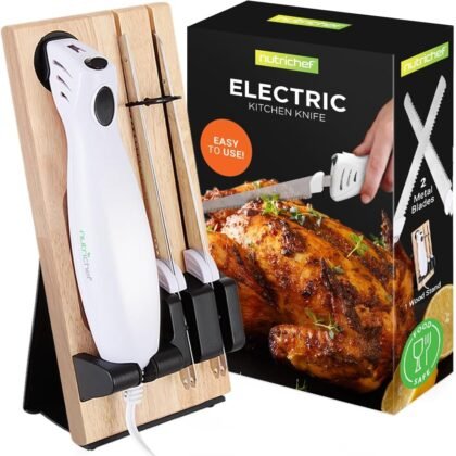 NutriChef Electric Carving Turkey Slicer Kitchen Knife | For Thanksgiving | Portable Electrical Food Cutter Knife Set with Carving Blades & Wood Carving Stand | Cuts Meat, Bread, Cheese & Fruit