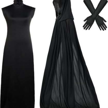 hoyuwak Black Witch Costume for Women Halloween Vampire Dress Up Accessories (Including Mesh Hooded Cape, Dress, Gloves)