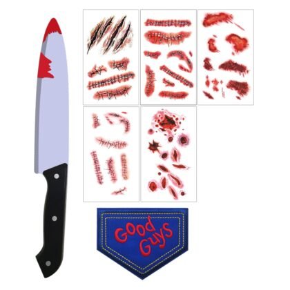 7Pcs Halloween Costume Props,Bloody Fake Knife Prop,DIY Halloween Embroidery Patch,Face Scar Temporary Tattoos Stickers