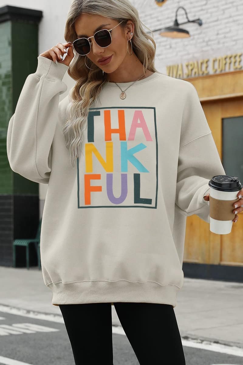 VILOVE Thankful Sweatshirt Women Thanksgiving Day Colorful Letter Print Pullover Crewneck Long Sleeve Oversized Tops - Image 5