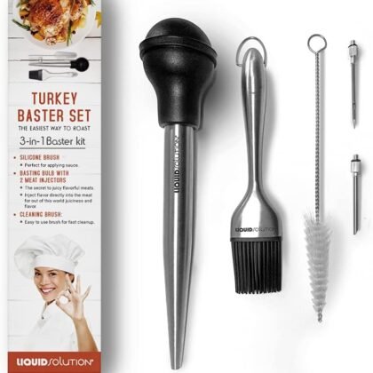 Liquid Solution Turkey Baster 5 Piece Set, Includes Baster for Cooking, Barbecue Basting Brush, Flavor Injector with Cleaning Brush - Perfect for Thanksgiving or Regular Cookout