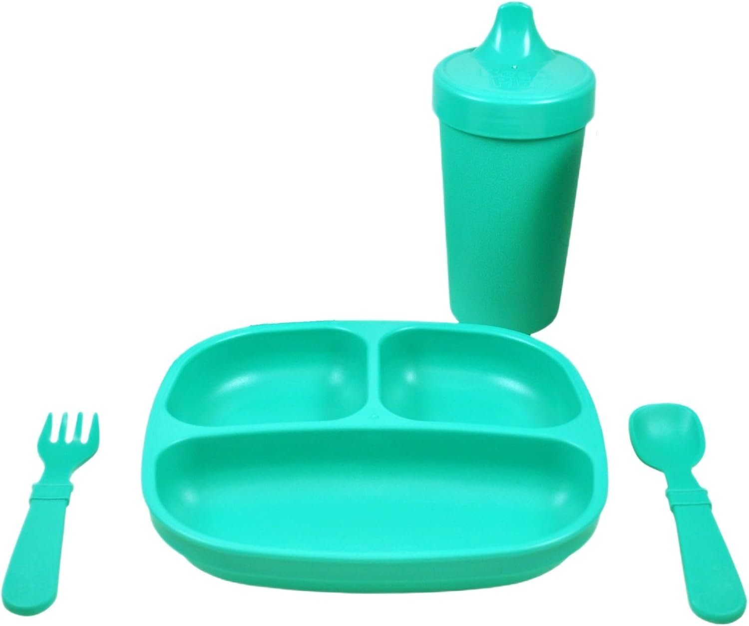 Re-Play Toddler Dinnerware Set - Spill-Proof Sippy Cup, 7" Divided Plate, Fork & Spoon - Durable Recycled Dining Set for Kids - Dishwasher & Microwave Safe - Made in USA - Aqua