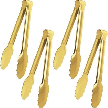 4 Pack Gold Serving Tongs XEVOM Buffet Tongs Serving Utensils Salad Tongs Stainless Steel Gold Plated Buffet Serving Tongs,9 Inch