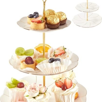 DUJUST Luxury Porcelain 3-Tier Cupcake Stand Tower, British Style Serving Tray with Golden Trim, Food Grade Dessert Display Stand, Beautiful Gift for Tea Party & Home Décor