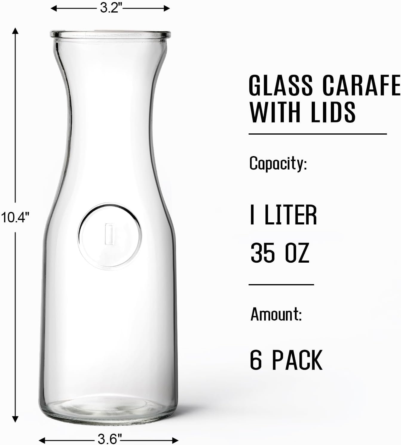 Set of 6 Glass Carafe with Lid, 1 Liter Beverage Serveware Carafe, Clear Glass Pitcher for Mimosa Bar, Brunch, Cold Water, Juice, Milk, Iced Tea, Lemonade - Image 2