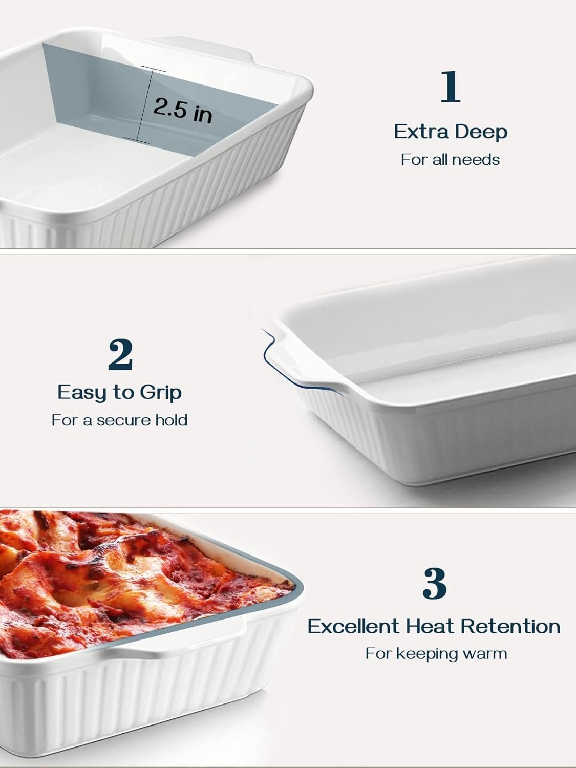 DOWAN Casserole Dish, 9x13 Ceramic Baking Dish, Large Lasagna Pan Deep for Oven, 4.2 Quarts Baking Pan with Handles, Oven Safe and Durable Bakeware for Lasagna, Home Decor, Wedding Gift, Soft White - Image 3