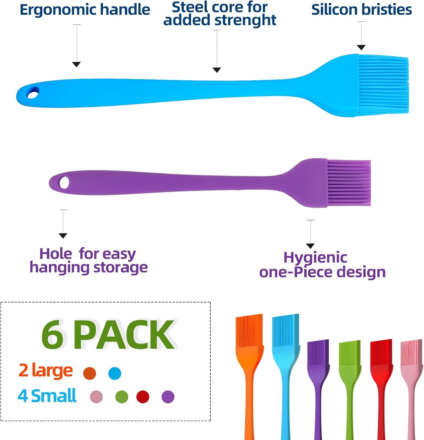 6 PCS CUALORK Silicone Basting Brush, Upgrade Pastry Brush,Heat Resistant Silicone Brushes, Premium Cooking Brush for Sauce Marinade Meat Glazing, Oil Brush for BBQ Kitchen Cooking Baking and Grilling - Image 2