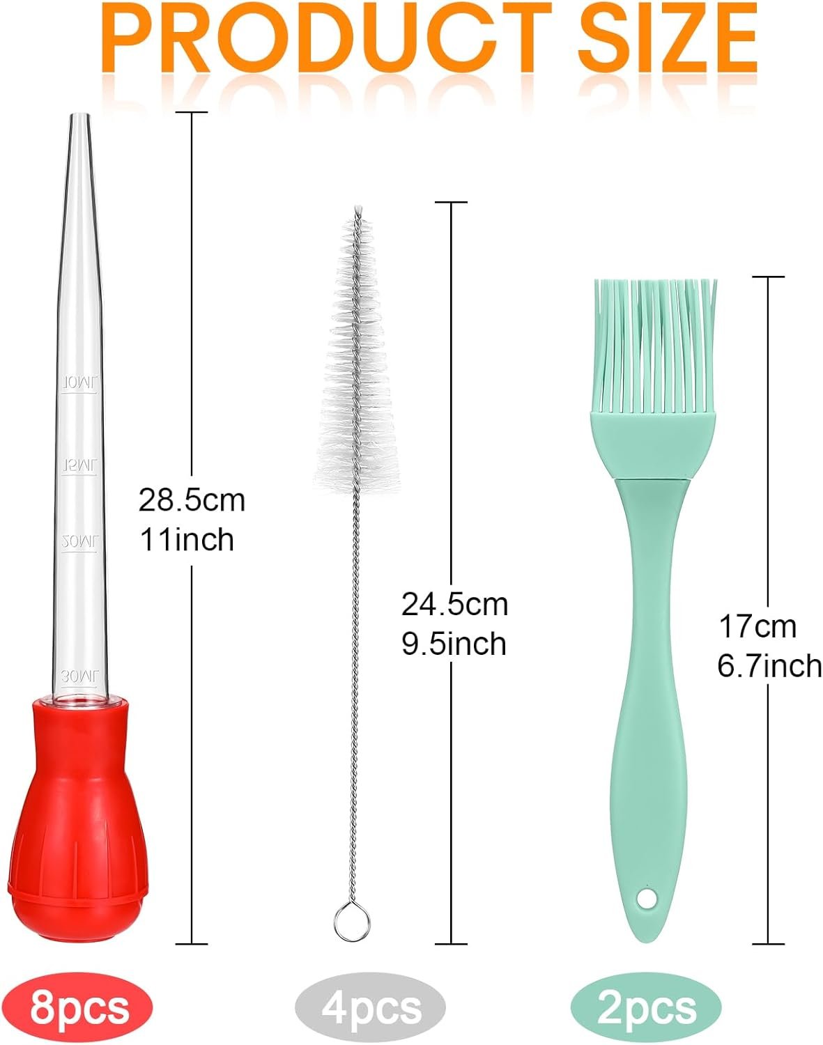Boao 14 Pcs Heat-Resistant Turkey Baster Cooking Set Includes 8 Pcs 11 Inch Turkey Baster, 2 Silicone Basting Brush, 4 Cleaning Brush for Thanksgiving Cooking, BBQ Grill, Baking Meat(Bright Color) - Image 2