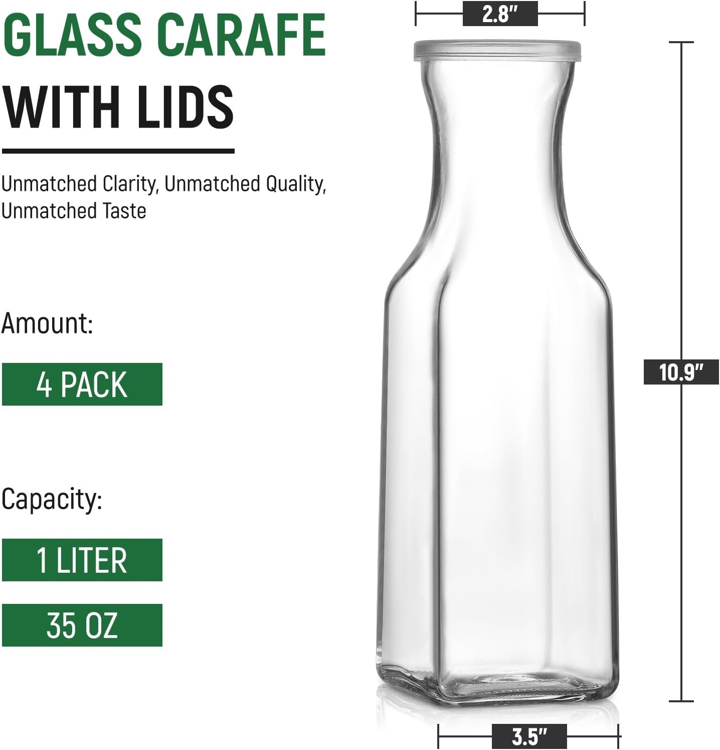 Set of 4 Square Glass Carafe with Lid, 1 Liter Clear Glass Pitcher, Beverage Serveware Carafe for Mimosa Bar, Brunch, Cold Water, Juice, Milk, Iced Tea, Lemonade - Image 2