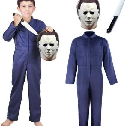 Halloween Cosplay Costume, Classic Horror Killer Blue Jumpsuit With Mask and Prop
