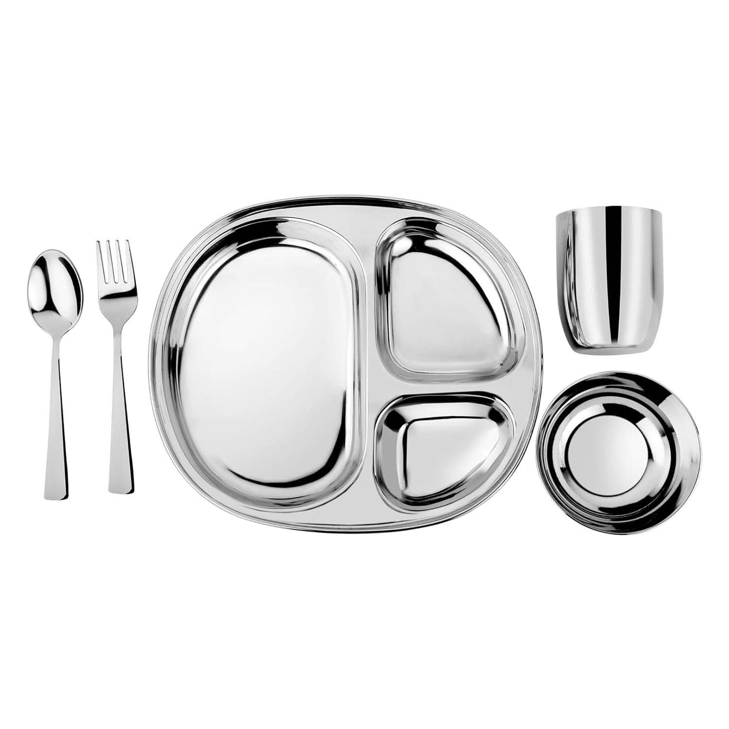 Ahimsa Stainless Steel Kids Dinnerware Set, Pediatrician Designed, 5 Piece Toddler Plates and Bowls Set, Stainless Steel Divided Plate, Cup and Kids Utensils