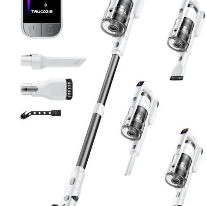 Cordless Vacuum Cleaner for Home, Upgraded 60Kpa Powerful Suction Pet Hair Vacuum with 70min Runtime, Green LED Light for Hardwood Floors & Carpet, Self-Standing Rechargeable Stick Vacuum, White