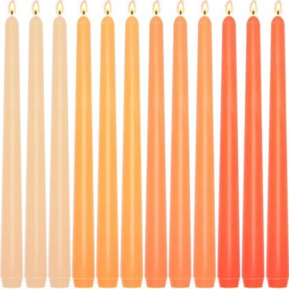 12-Pack Gradient Orange Taper Candles, 10 Inch Unscented Dripless Candlesticks, Long-Lasting Burn Time of 7-8 Hours, Perfect for Fall Harvest Halloween Thanksgiving Dinners Parties and Home Décor