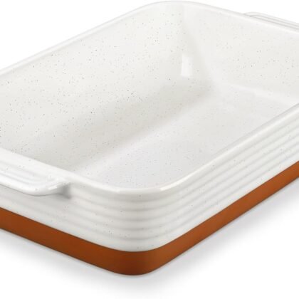 MALACASA Baking Dish 4.8 Qt Ceramic Casserole & Lasagna Pan, 9x13 Inch Deep Rectangular Oven Safe Dish with Handles for Baking, Roasting, Serving (Khaki & White) - Series Tara