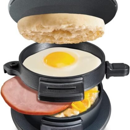 Hamilton Beach Breakfast Sandwich Maker with Egg Cooker Ring, Customize Ingredients, Perfect for English Muffins, Croissants, Mini Waffles, Perfect White Elephant Gifts, Silver (25475)