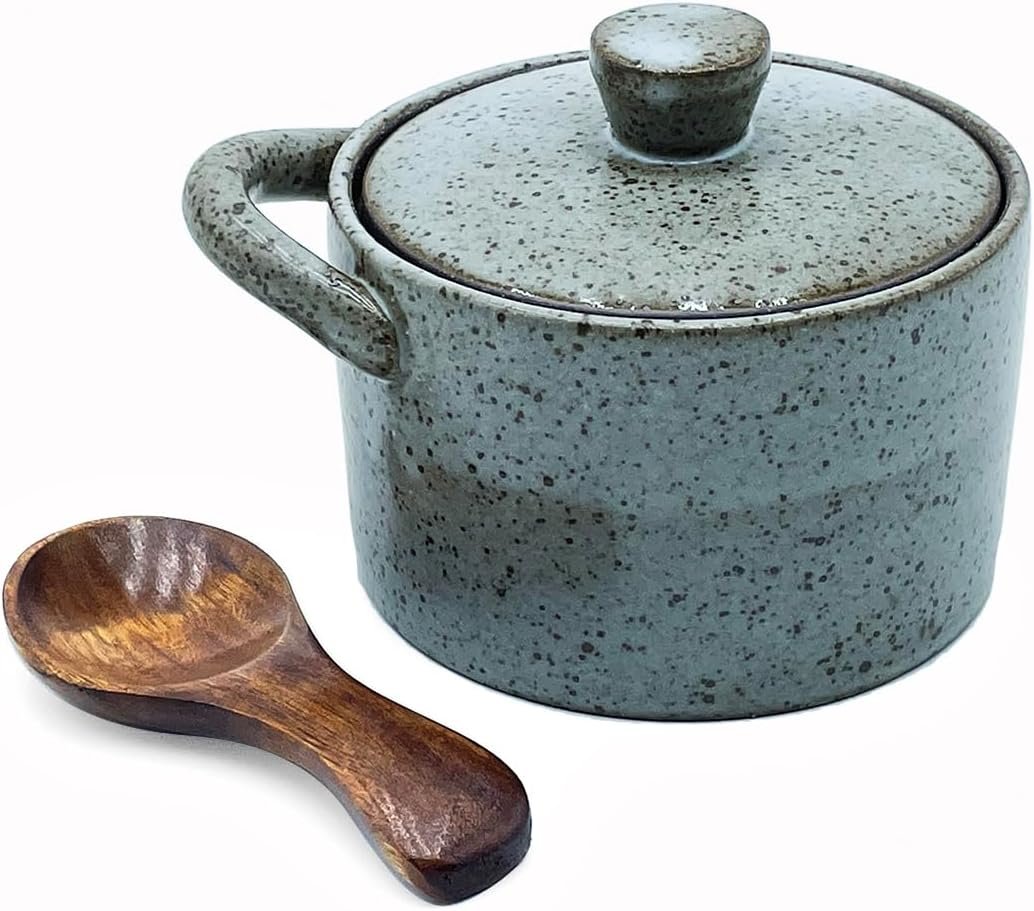 8 oz Ceramic Salt Cellar with Lid & Wooden Spoon,Countertop Salt Container,Sugar Bowl,Spices Jar| Artisan Kitchen Decor(Gray) - Image 5