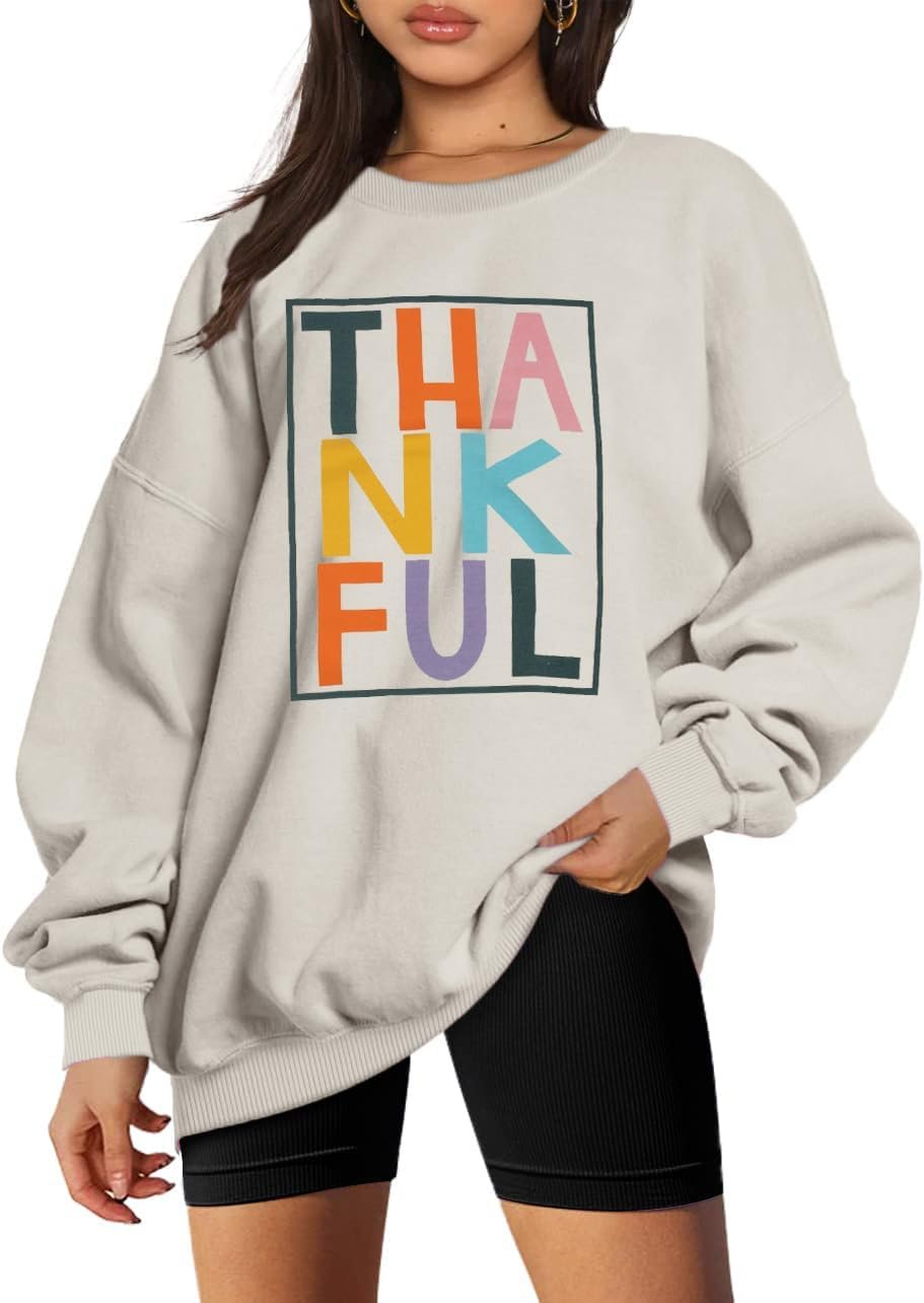 VILOVE Thankful Sweatshirt Women Thanksgiving Day Colorful Letter Print Pullover Crewneck Long Sleeve Oversized Tops