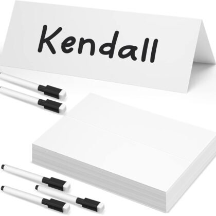 Seajan 100 Pcs Dry Erase Tent Cards 8.5" x 6" Reusable Name Cards White Table Name Sign Wedding Guest Tents Dry Erase Table Sign with 5 Black Markers for Classroom Workplace Wedding