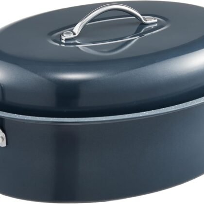 HONGBAKE 18 Inch Turkey Roasting Pan with Rack and Lid – Large Gray Carbon Steel Roaster Pan for 20 lb Turkey, Oven Safe Baking Pan for Holiday Meals & Thanksgiving