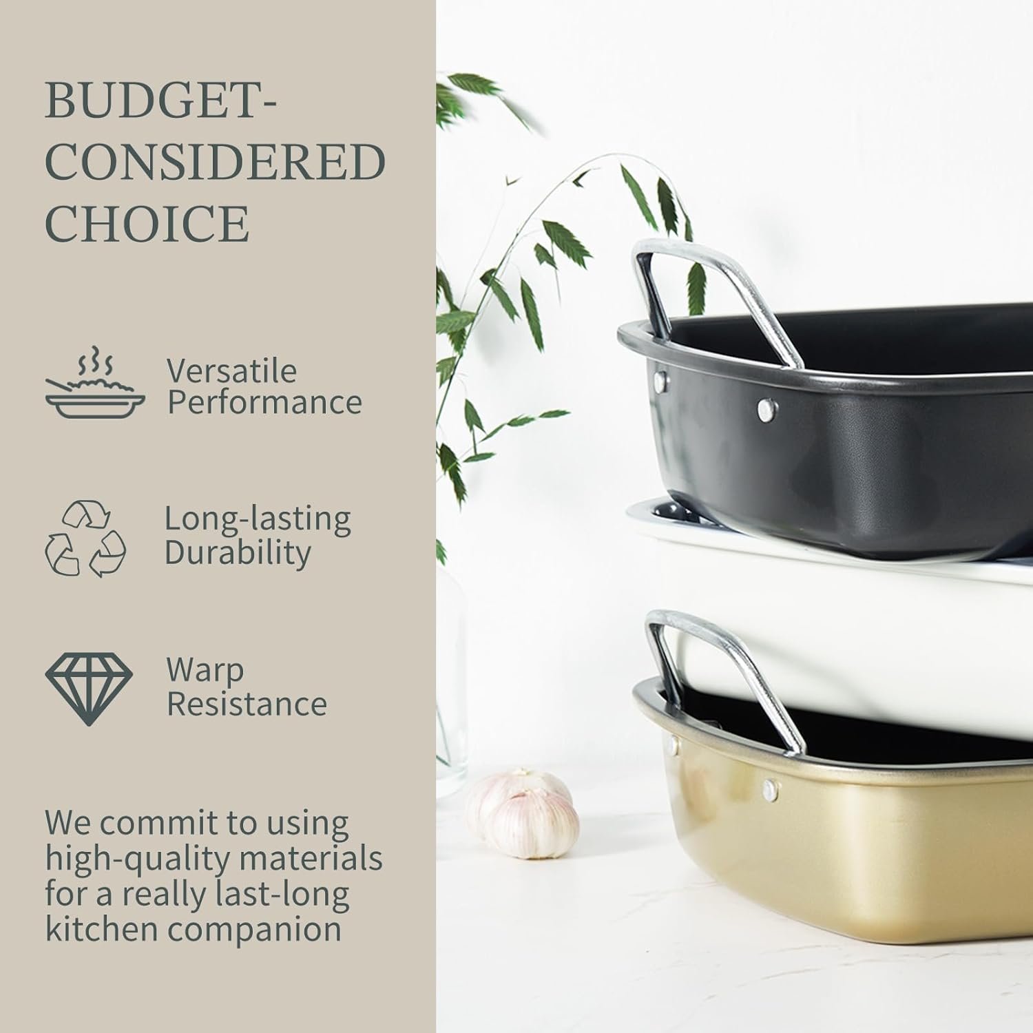 KITESSENSU Large Roasting Pan with Rack - 25 LB Nonstick Turkey Roaster Pan for Oven - Heavy Duty Carbon Steel Roasting Pan with Wider Handles for Chicken, Vegetables & Holiday Meals, Gray - Image 3