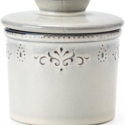 XELA Ceramic Butter Dish - French Butter Crock With Water Line - Keeps Your Butter Fresh and Spreadable - Light Gray