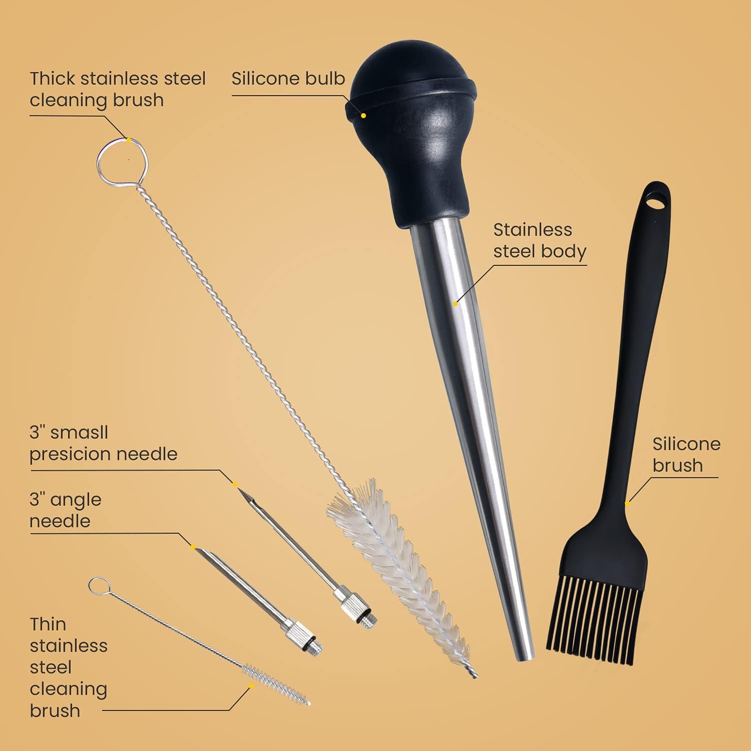 Turkey Baster, Stainless Steel Baster for Cooking with Marinade Injectors Syringe, Basting Brush, Thick Cleaning Brush & Thin Cleaning Brush - Image 2