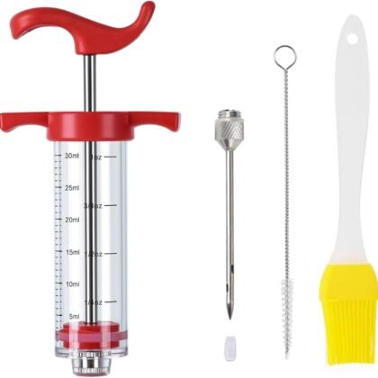 Plastic Meat Injector, Turkey Injector Syringe, Marinade Injector Turkey Injection Kit, Meat Injectors for Smoking, BBQ Grill Injector, Red 1oz (1 Injector 1 Needle)