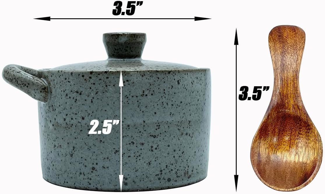 8 oz Ceramic Salt Cellar with Lid & Wooden Spoon,Countertop Salt Container,Sugar Bowl,Spices Jar| Artisan Kitchen Decor(Gray) - Image 2