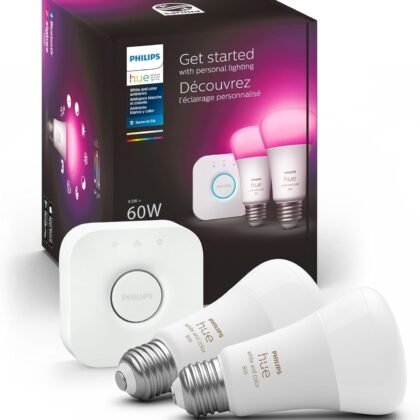 Philips Hue Smart Light Bulbs Starter Kit, Includes (1) Bridge, (2) 60W A19 Bulbs, White and Color Ambiance LED Color Changing Lights, 800LM, E26, Control with App or Voice Assistant