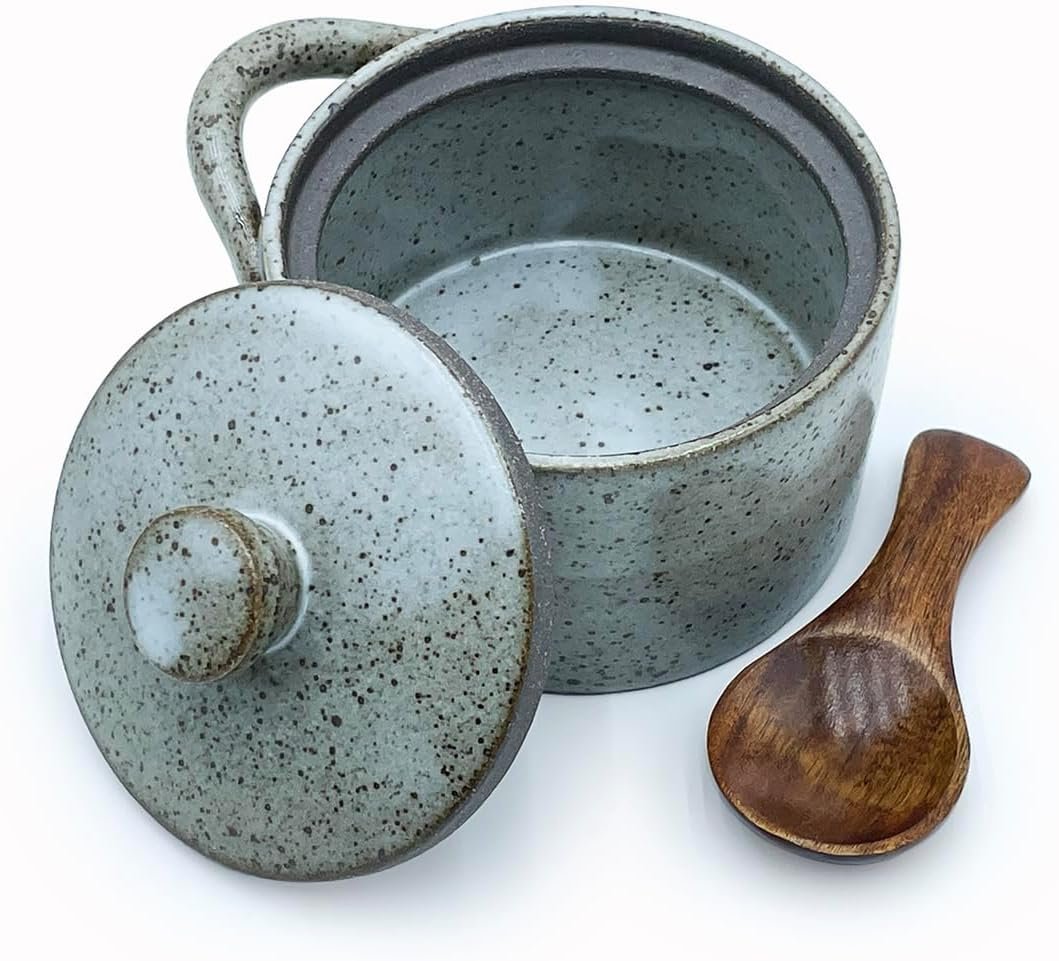 8 oz Ceramic Salt Cellar with Lid & Wooden Spoon,Countertop Salt Container,Sugar Bowl,Spices Jar| Artisan Kitchen Decor(Gray) - Image 3