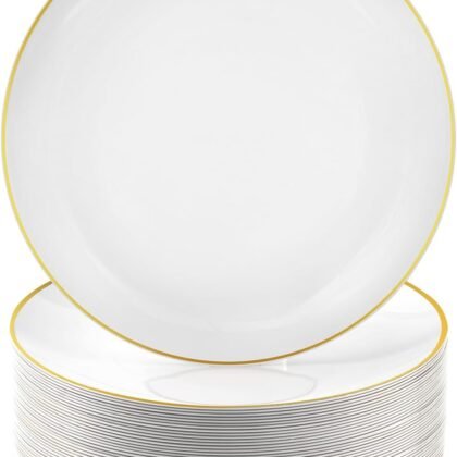 100 PCS Gold and White Plastic Plates, 7 inch White Disposable Plates for Party, Plastic Dessert/Salad Plates