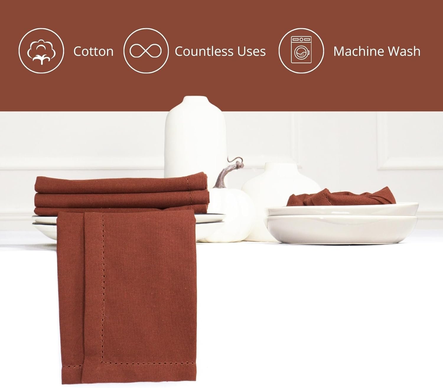 PurpleEssences Rust Set of 12 Hemstitch Cloth Dinner Napkins 100% Cotton - Soft Durable Washable - Ideal for Wedding Christmas Holiday Winter - Perfect Everyday Use Table Linen 18x18 - Rust - Image 3