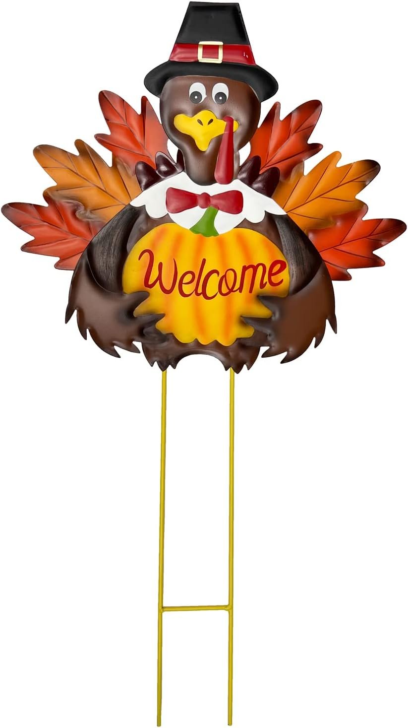 Metal Turkey Fall Harvest Outdoor Yard Stakes, Thanksgiving Turkey Pumpkin Yard Welcome Sign with Stake Outdoor Decoration