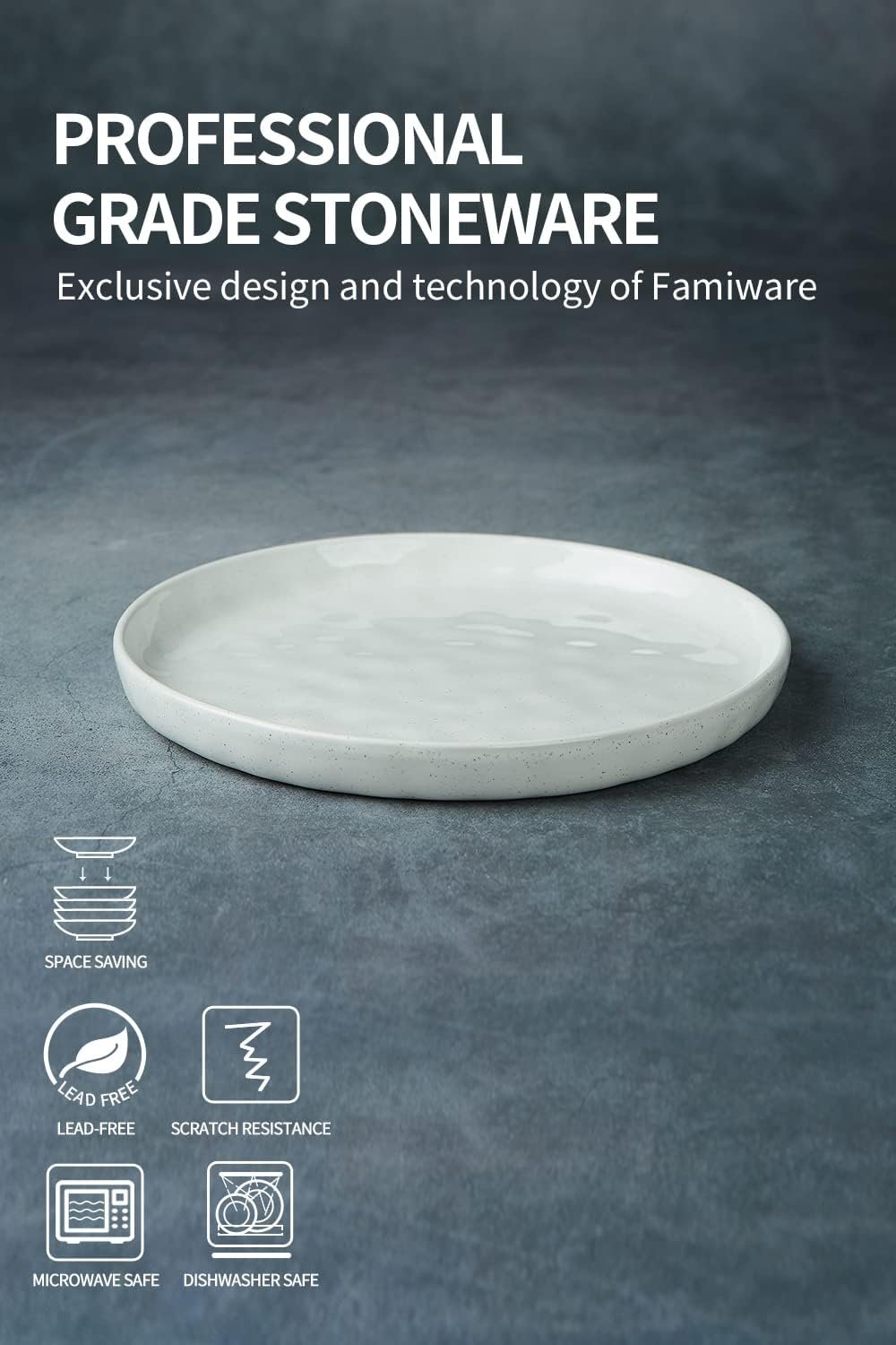 famiware Mars 6 Pieces Dinner Plates, 10.25 inch Plate Set, Scratch Resistant, Stoneware Dinnerware, Kitchen Modern Rustic Serving Dishes, White - Image 7