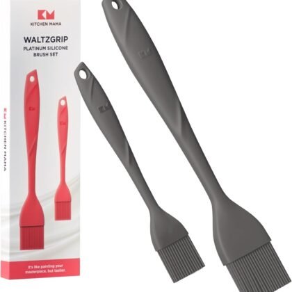 Kitchen Mama WaltzGrip Platinum Silicone Basting Pastry Brush: Set of 2 Heat-Resistant Brushes for Cooking, Baking, Grilling, and Spreading Oil or Butter - Dishwasher-Safe (Metal Gray)