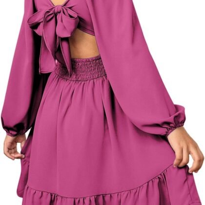 blibean Girls Long Sleeve Tie Back Dress Tween Fall Off Shoulder Dress Size 6-15 Years