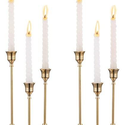 2 Sets(6 Pcs) Brass Gold Metal Taper Candle Holders Candlestick Holders, Vintage Modern Decorative Centerpiece Candlestick Holders for Table Mantel Wedding Housewarming Gift