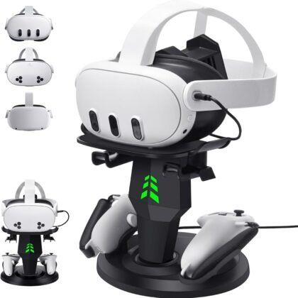 VR Headset Charging Dock for Meta Quest 3/Quest 3S/Quest 2, VR Charging Stand for Quest 3 Accessories VR Stand Supports Charging Headset with Type C Cable and fit Controller with Cover