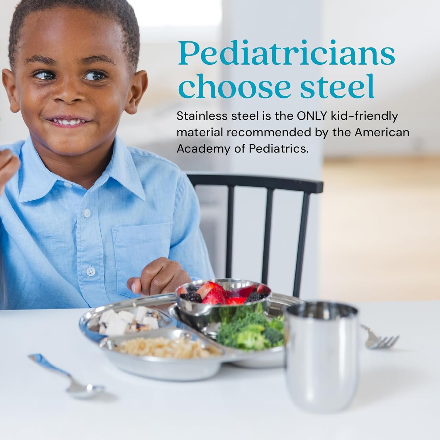 Ahimsa Stainless Steel Kids Dinnerware Set, Pediatrician Designed, 5 Piece Toddler Plates and Bowls Set, Stainless Steel Divided Plate, Cup and Kids Utensils - Image 4