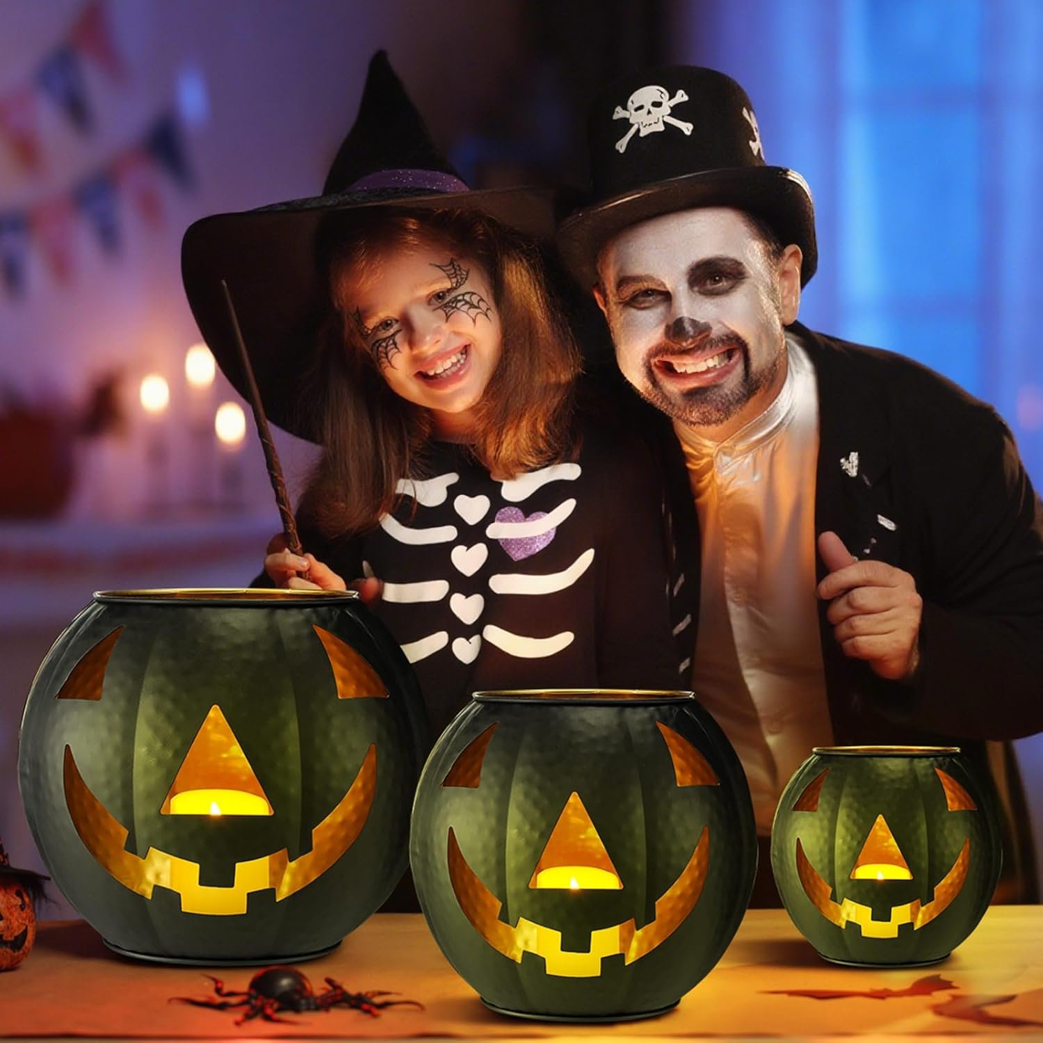 3 Pcs Halloween Metal Jack O Lanterns Pumpkin Set with LED Candles and Black Creepy Cloth Set of 3 Jack O Lantern Halloween Fall Outside or Inside Table Ornaments for Home Festival Party Decor - Image 5